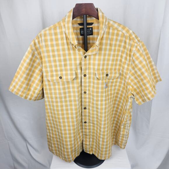 Carhartt Loose Fit Plaid Flannel Shirt 2XL Yellow Short Sleeve Cotton Workwear - Picture 1 of 5